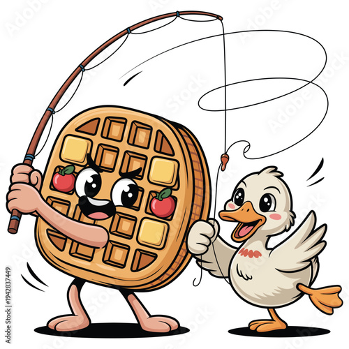 Cute cartoon waffle character with apples fishing with a duckling on a white background funny food illustration for kids breakfast cartoon character