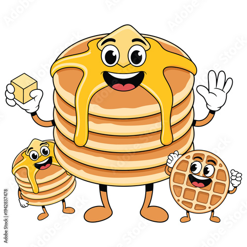 Stack of pancakes and waffle characters with syrup and butter happy breakfast food family enjoying morning meal