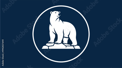 Polar Bear Standing on Ice Floe in Circle Emblem.