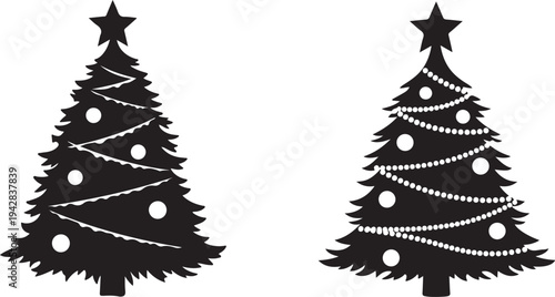 Black Silhouette Christmas Trees with White Decorations Isolated