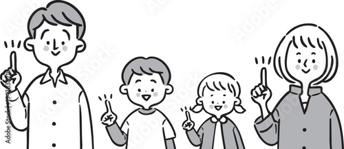 指差しをする家族二世代　上半身　ベクター（モノクロ）