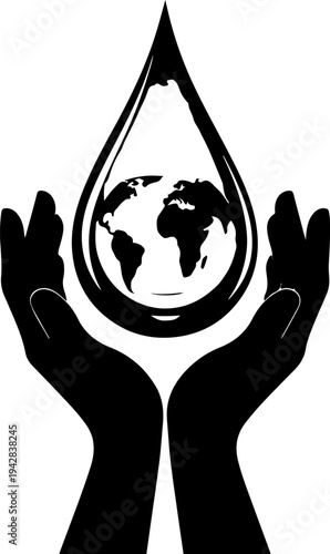 Hands cradling a water droplet with the Earth inside