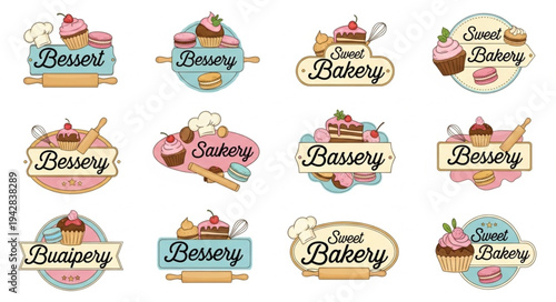 Collection of vintage bakery and dessert shop logos and emblems.