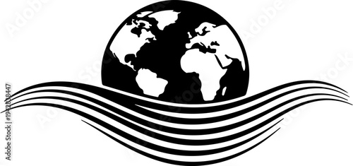 The globe floats on wavy lines above a simple background