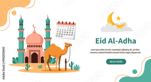 Eid Al-Adha celebration with camel and mosque in desert landscape