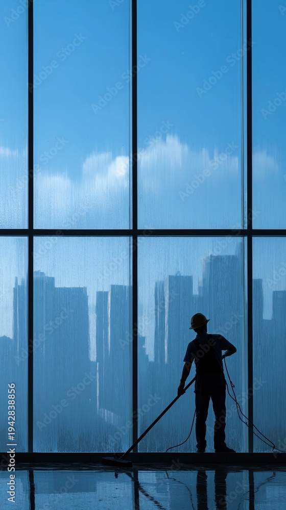 Fototapeta premium Window Cleaner Silhouette Against City Skyline