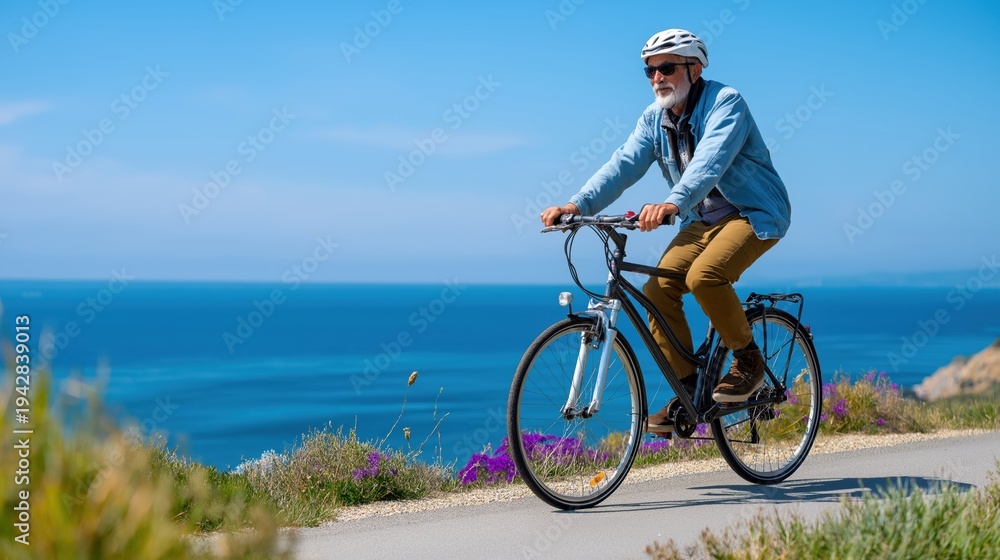 Fototapeta premium Elderly man cycling on coastal path with blue ocean in background