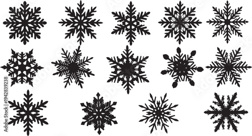 Collection of unique black snowflakes on white background illustration