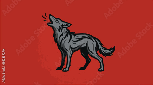 Stylized Illustration of a Howling Wolf on a Red Background.