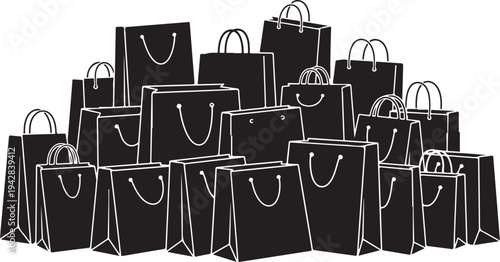 Collection of black shopping bags with white outlines stacked