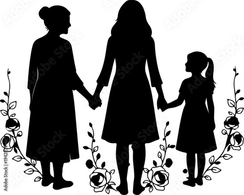Three women hold hands standing among flowers in a field