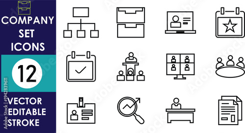 Minimal vector company set icons featuring briefcase, calendar, ID card, hierarchy, presentation board, meeting table, checklist, document, search, workspace symbols for business interface design