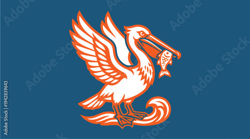 Stylized Pelican Bird Holding Fish in Beak Illustration.