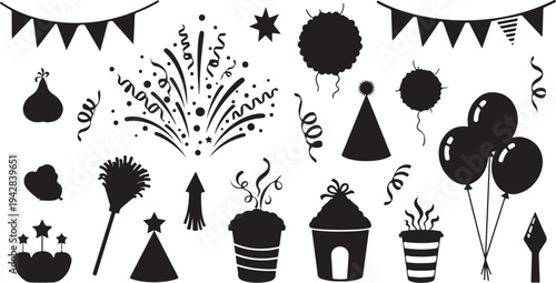 Black Silhouette Party Icons and Symbols for Celebrations