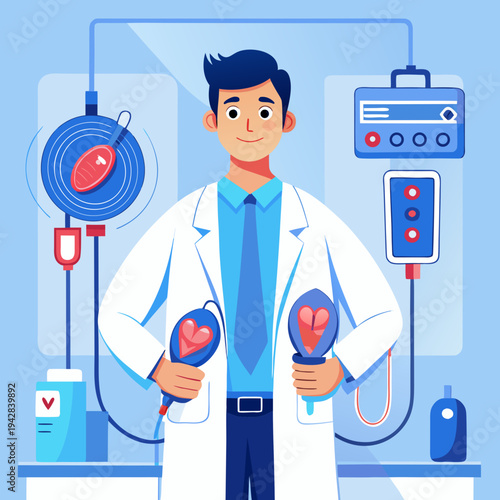 Doctor holding artificial hearts in a medical laboratory setting