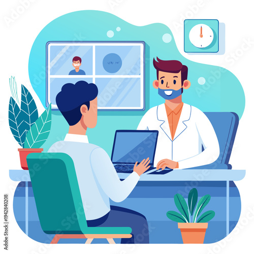 Doctor and patient in telemedicine consultation with third person