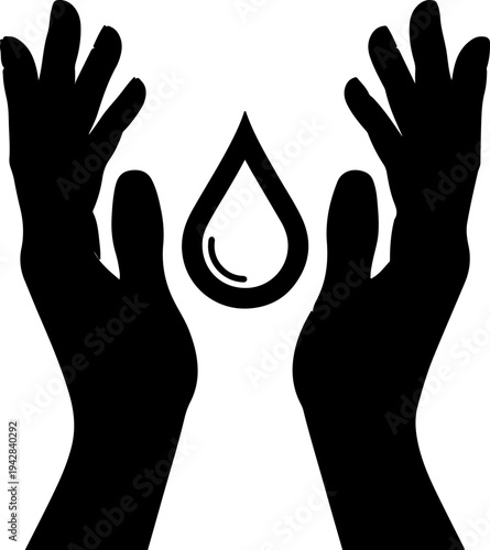 Hands reaching up to a single drop of water in air