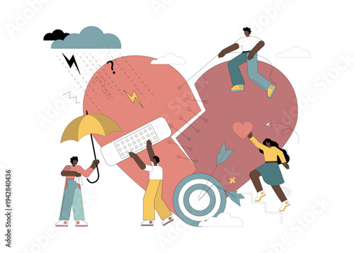 Broken heart. Unrequited love. People help to survive negative feelings, give the heart, stitch the heart, lay a patch on it.eps