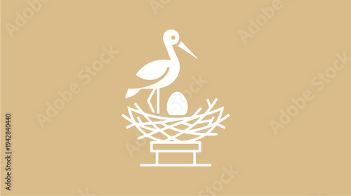 White stork standing in a nest with an egg minimalist illustration.