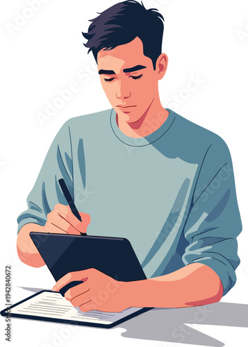 Illustrazione vettoriale di una persona che scrive o lavora su computer e tablet. Concetto di produttività, studio, lavoro digitale, tecnologia e creatività, adatto a progetti educativi, business e te
