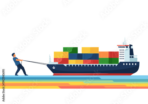 Vibrant vector illustration showcasing a single individual's strong determination pulling a heavily loaded cargo ship, a metaphor for global logistics and overcoming obstacles