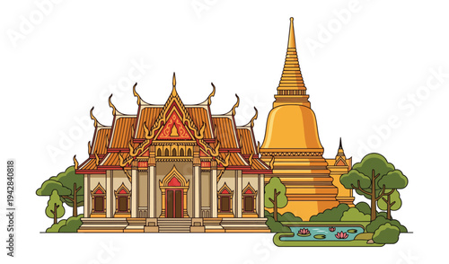 Thai Buddhist Temple With Golden Pagoda Vector Illustration, Traditional Thailand Wat Architecture Landmark