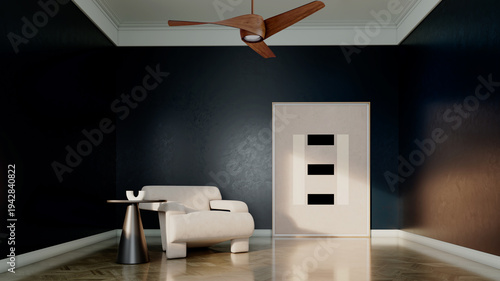 Large illustration 3D rendering luxury modern bright interiors Living room mockup with Couch and Ceiling Fan Ventilation