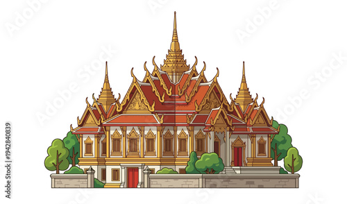 Traditional Thai Buddhist Temple Vector Illustration, Ornate Golden Roof Architecture