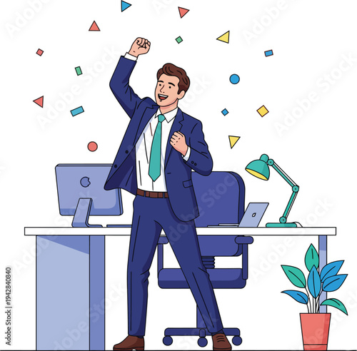 Man celebrating success in office environment.