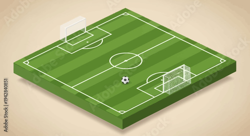 Isometric 3D illustration of a vibrant green soccer field with a ball and goals, perfect for sports game concepts, infographics, or modern athletic designs