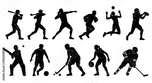 Silhouette collection of athletes playing various sports including baseball, cricket, volleyball, and ice hockey