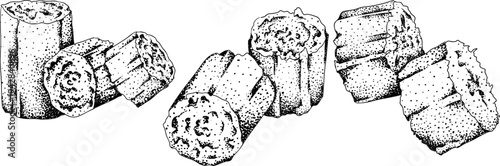 Vector engraving illustration of fresh cut sugarcane pieces, juicy sugar cane stalks slices showing fibrous sweet interior, tropical street food snack, natural raw cane sugar, exotic refreshment