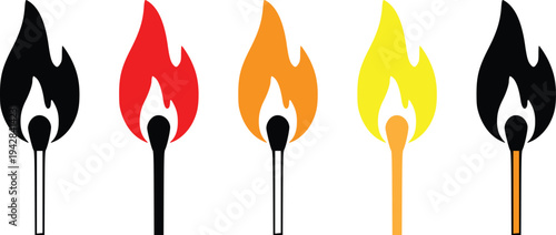 Burning Matchstick Flame Set Vector Illustration, Colorful Fire Flame Icons Collection