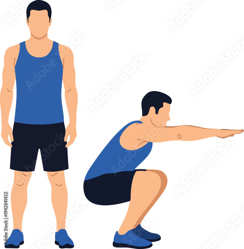 Fitness Man Doing Squats - Leg Workout and Glutes Exercise Vector