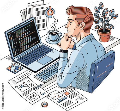 Man working diligently on laptop computer at desk.