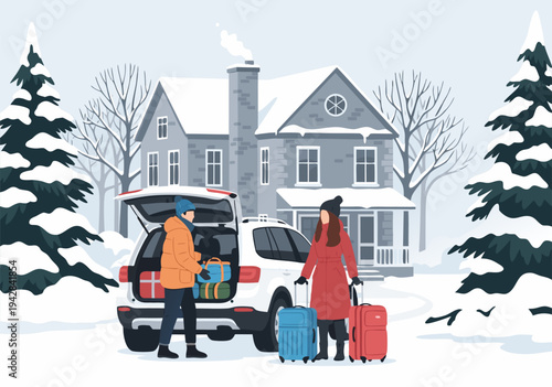 Couple loading car with luggage for a winter vacation, a charming vector illustration showcasing travel preparations outside a snowy house