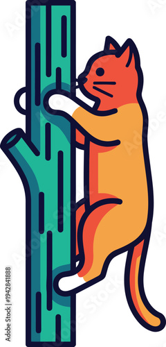 Orange Cat Climbing a Green Tree Trunk with a Branch.