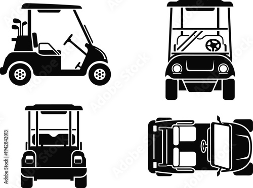 A set of black silhouette golf cart vector icons showing side, front, back, and top views on solid white background.