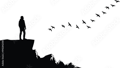 Black silhouette of a man standing on a cliff edge watching a flock of birds flying away on white background.