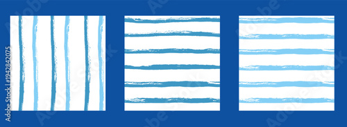 Blue paint stripes hand-drawn seamless patterns. Baby pastel stripes brush stroke for a male or sea holiday theme. Paint abstract summer streak seamless backdrops set. Vector lines patterns bg.
