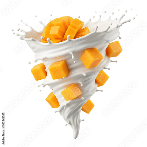 Fresh mango cubes splashing in creamy milk on transparent background
