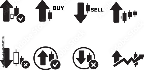 Stock Market Indicators: Dynamic vector illustrations of stock market indicators, charting the rise and fall of market trends, with clear symbols representing buy and sell signals. 
