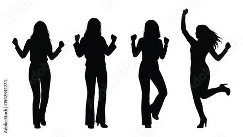 Four silhouettes of women cheerfully dancing and celebrating with arms raised