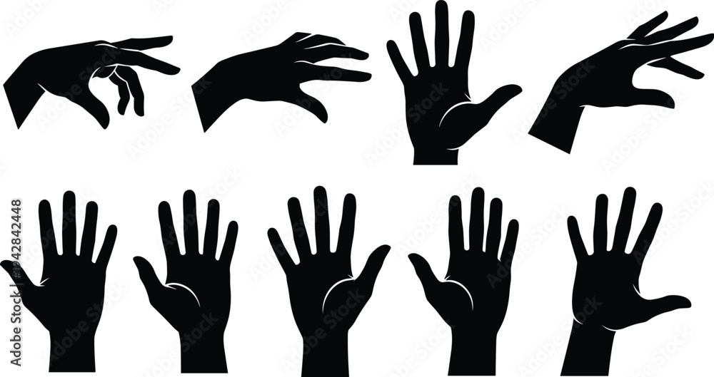 Obraz premium Set of multiple black silhouette human hand gestures, featuring reaching, pointing, grabbing, and open palms, isolated on a white background.