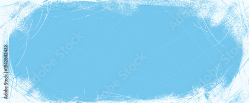 Snow grunge texture with retro oval frame and scratch lines on blue snow background. Worn frost overlay on cold rink with ice grunge edge for winter banner. Aged vector backdrop in rough finish.