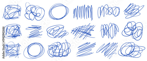 Hand-drawn random blue pen abstract scribbles. Doodles expressive scratches set for dairy note. Chaotic lines, circles, spontaneously scrawl. Vector childish pencil brush scratches isolated.