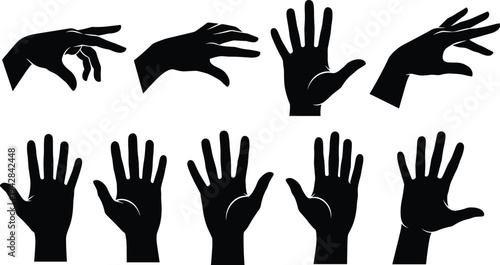 Set of multiple black silhouette human hand gestures, featuring reaching, pointing, grabbing, and open palms, isolated on a white background.