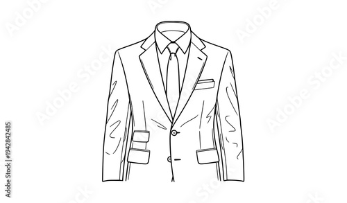 Classic business suit line art vector illustration with blazer shirt and tie outline design