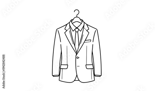 Formal suit on hanger line art vector illustration blazer shirt and tie outline
