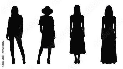 Silhouettes of four women wearing dresses and hats against a white background